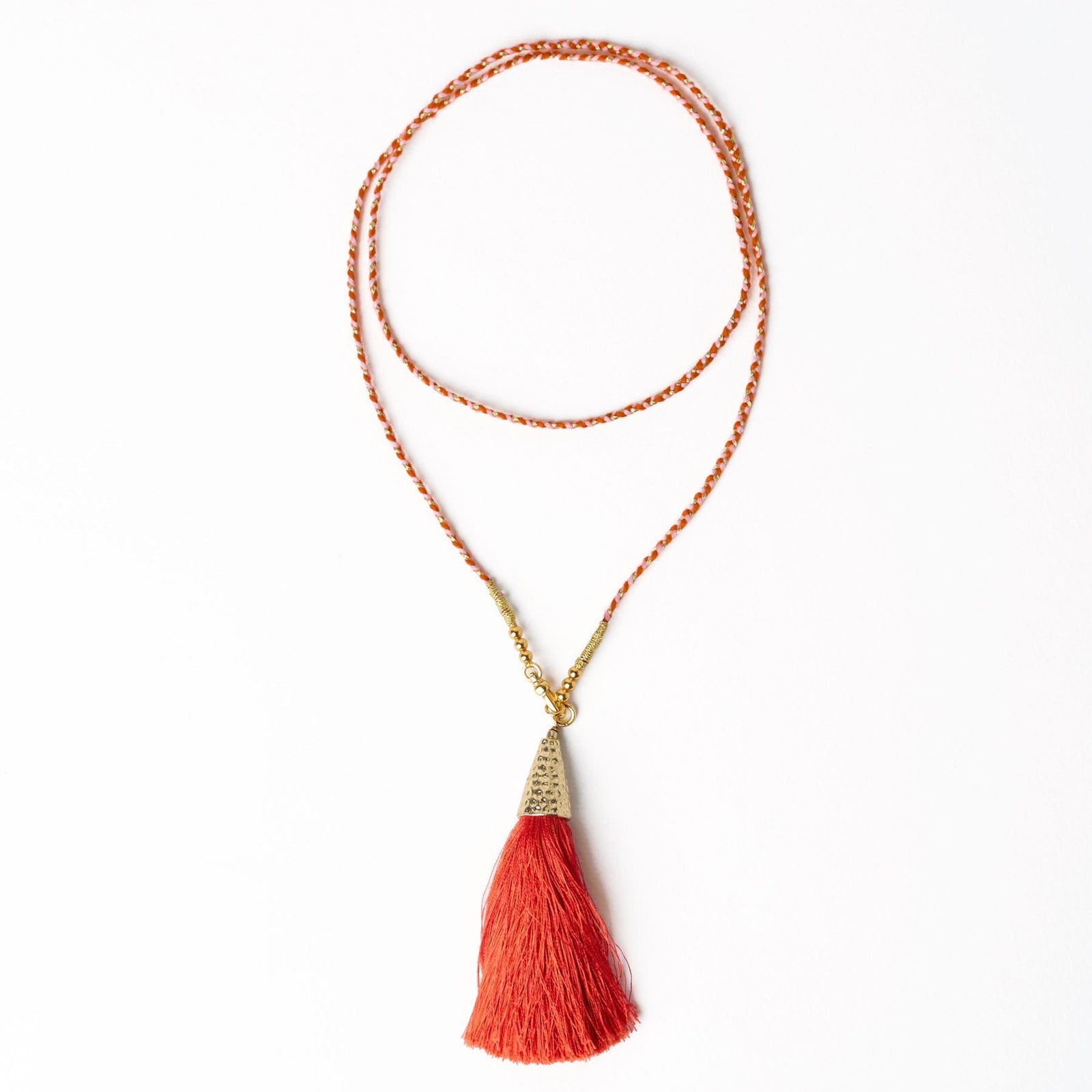 Roxanne Braided Necklace With Tassel Coral + Blush Wholesale