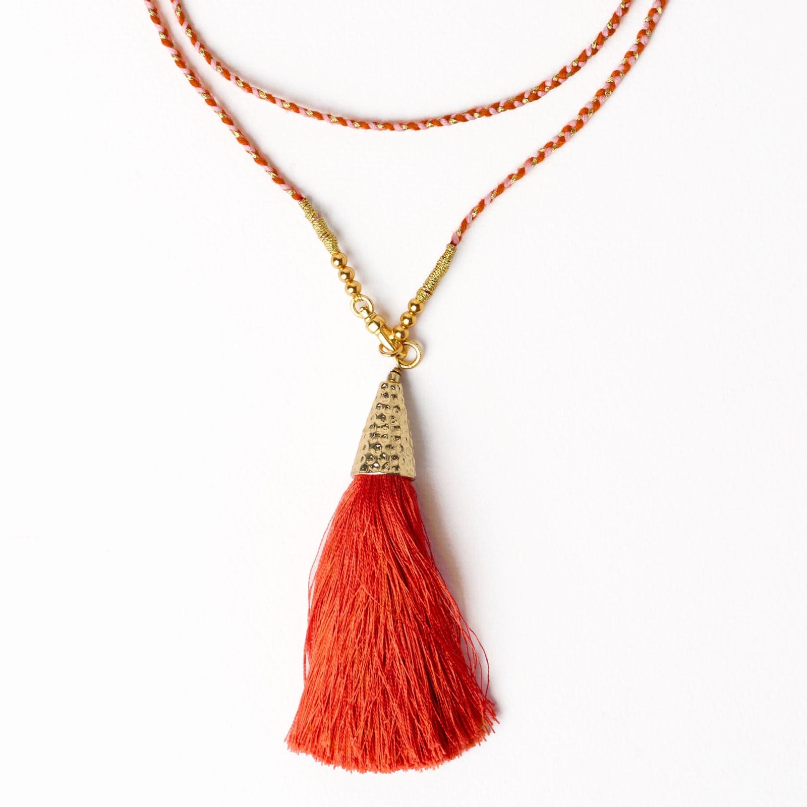 Roxanne Braided Necklace With Tassel Coral + Blush Wholesale
