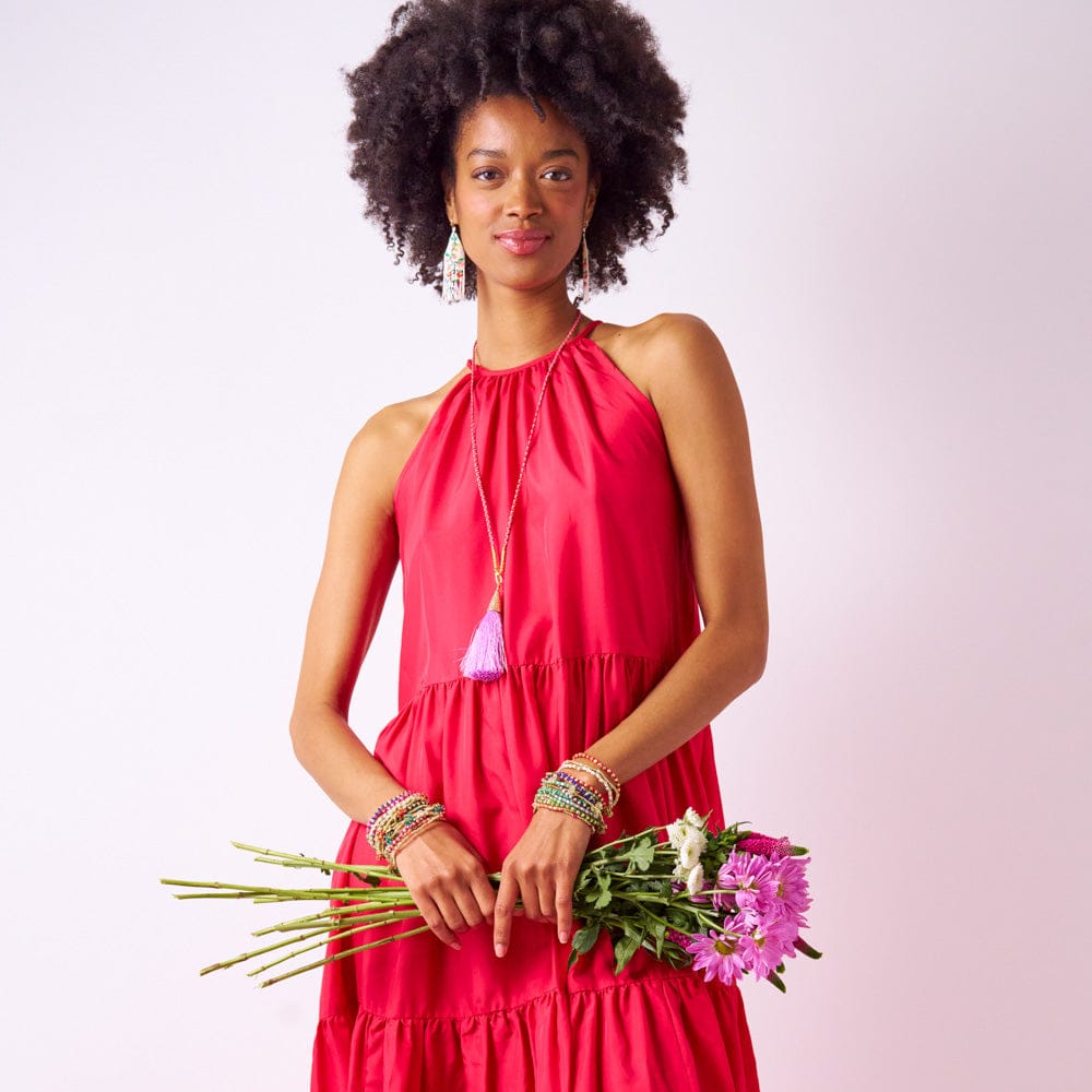 Roxanne Braided Necklace With Tassel Red + Pink Wholesale