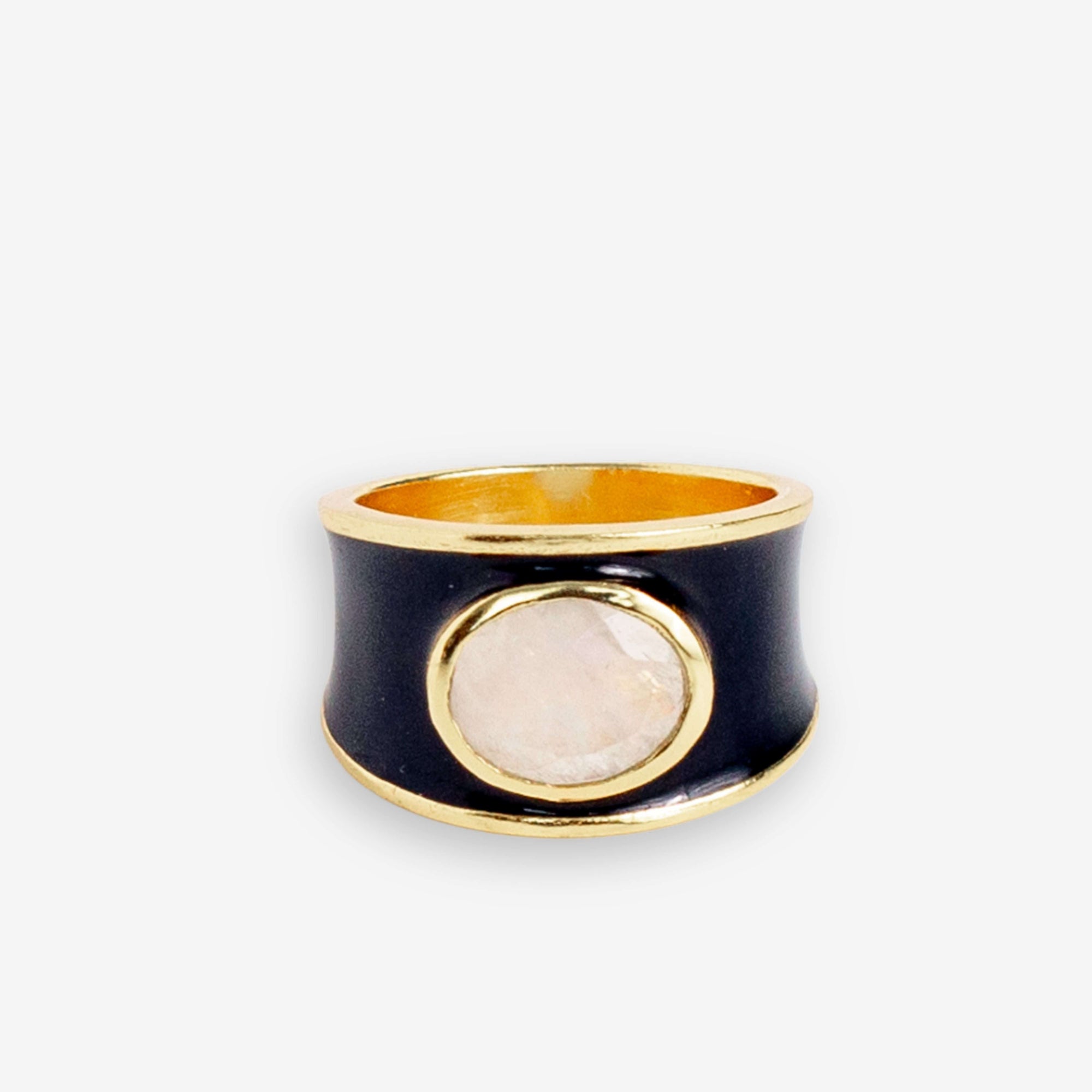 Hazel Oval Stone With Enamel Band Ring Black/Clear Wholesale- Size 8