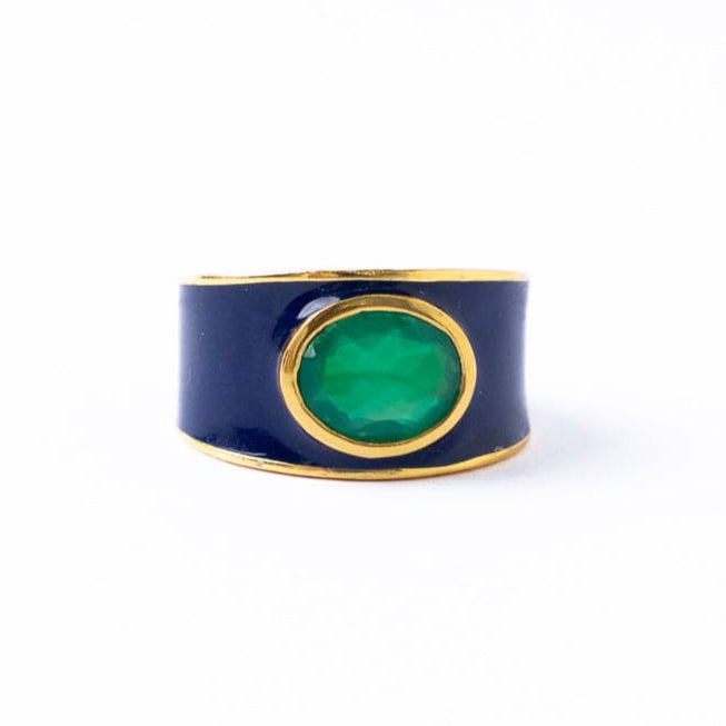 Hazel Oval Stone With Enamel Band Ring Navy + Green Size 7 Wholesale