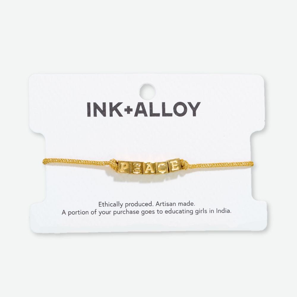 Goldie Gold Lurex Cord Friendship Bracelet with Brass Letters Adjustable Peace Wholesale