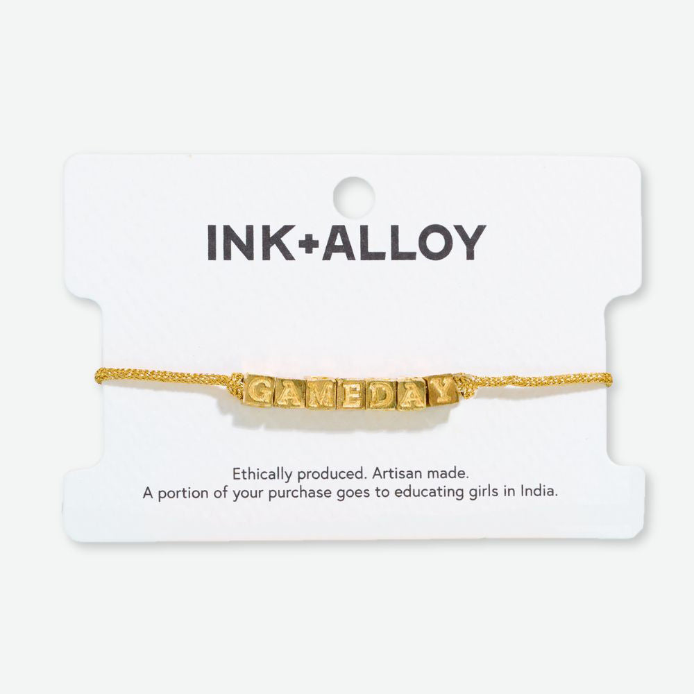 Goldie Gold Lurex Cord Friendship Bracelet with Brass Letters Adjustable Gameday Wholesale