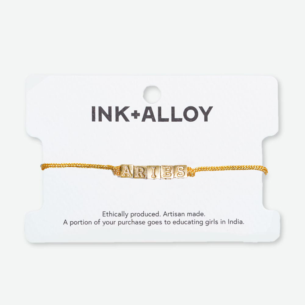 Goldie Gold Lurex Cord Friendship Bracelet with Brass Letters Adjustable Aries Wholesale