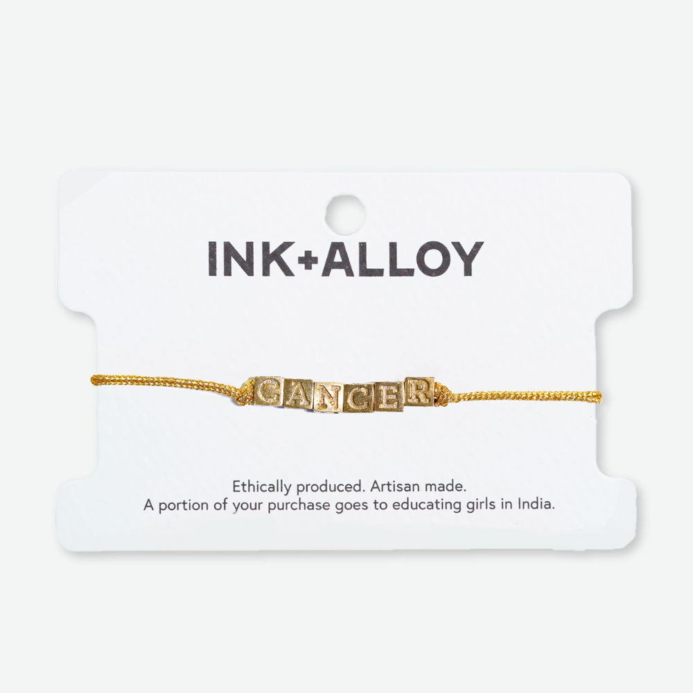 Goldie Gold Lurex Cord Friendship Bracelet with Brass Letters Adjustable Cancer