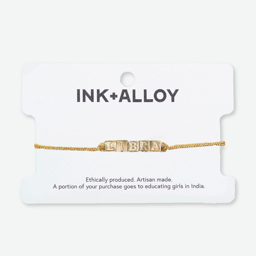 Goldie Gold Lurex Cord Friendship Bracelet with Brass Letters Adjustable Libra