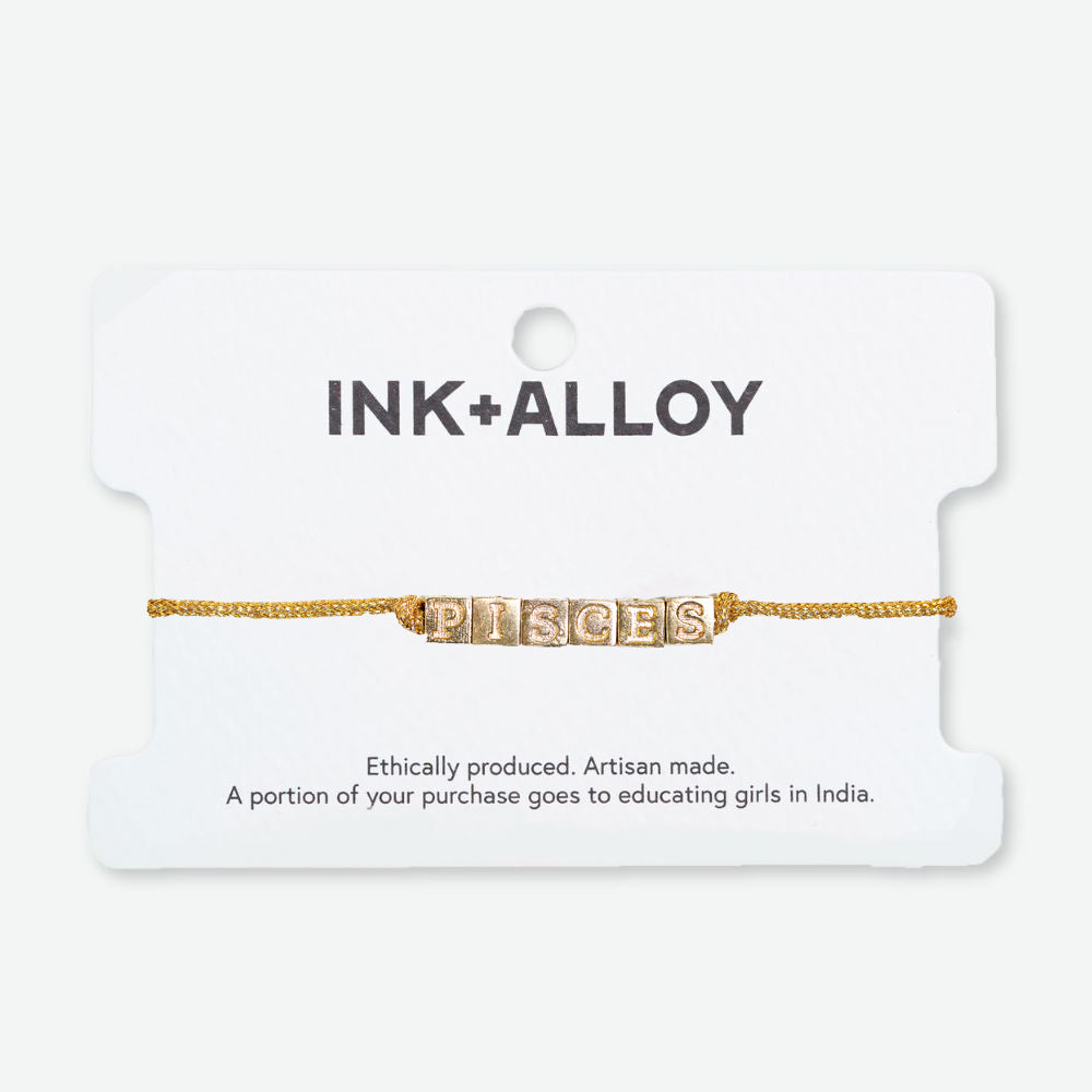 Goldie Gold Lurex Cord Friendship Bracelet with Brass Letters Adjustable Pisces