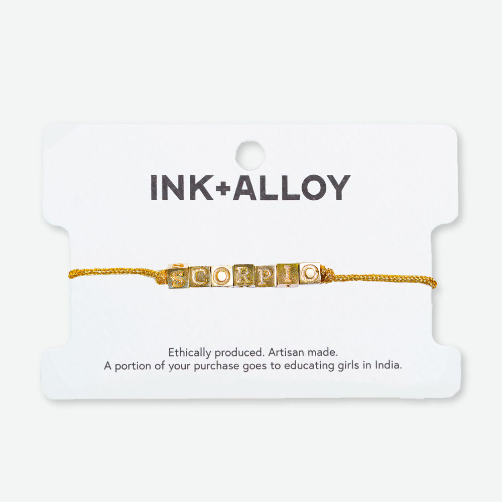 Goldie Gold Lurex Cord Friendship Bracelet with Brass Letters Adjustable Scorpio