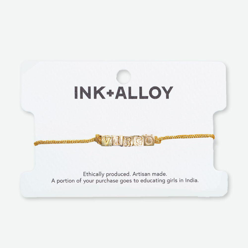 Goldie Gold Lurex Cord Friendship Bracelet with Brass Letters Adjustable Virgo