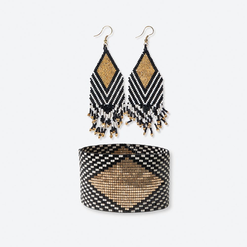 Dottie + Brooklyn diamond and angles beaded earrings and bracelet set Black and White Wholesale