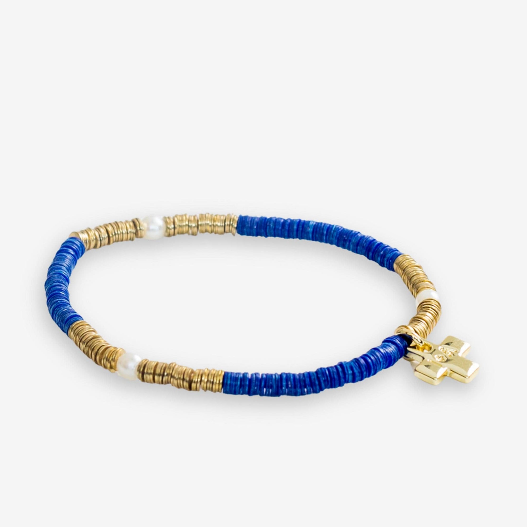 Rory Solid Color With Gold And Pearls Small Sequin Stretch Bracelet Lapis Blue Wholesale