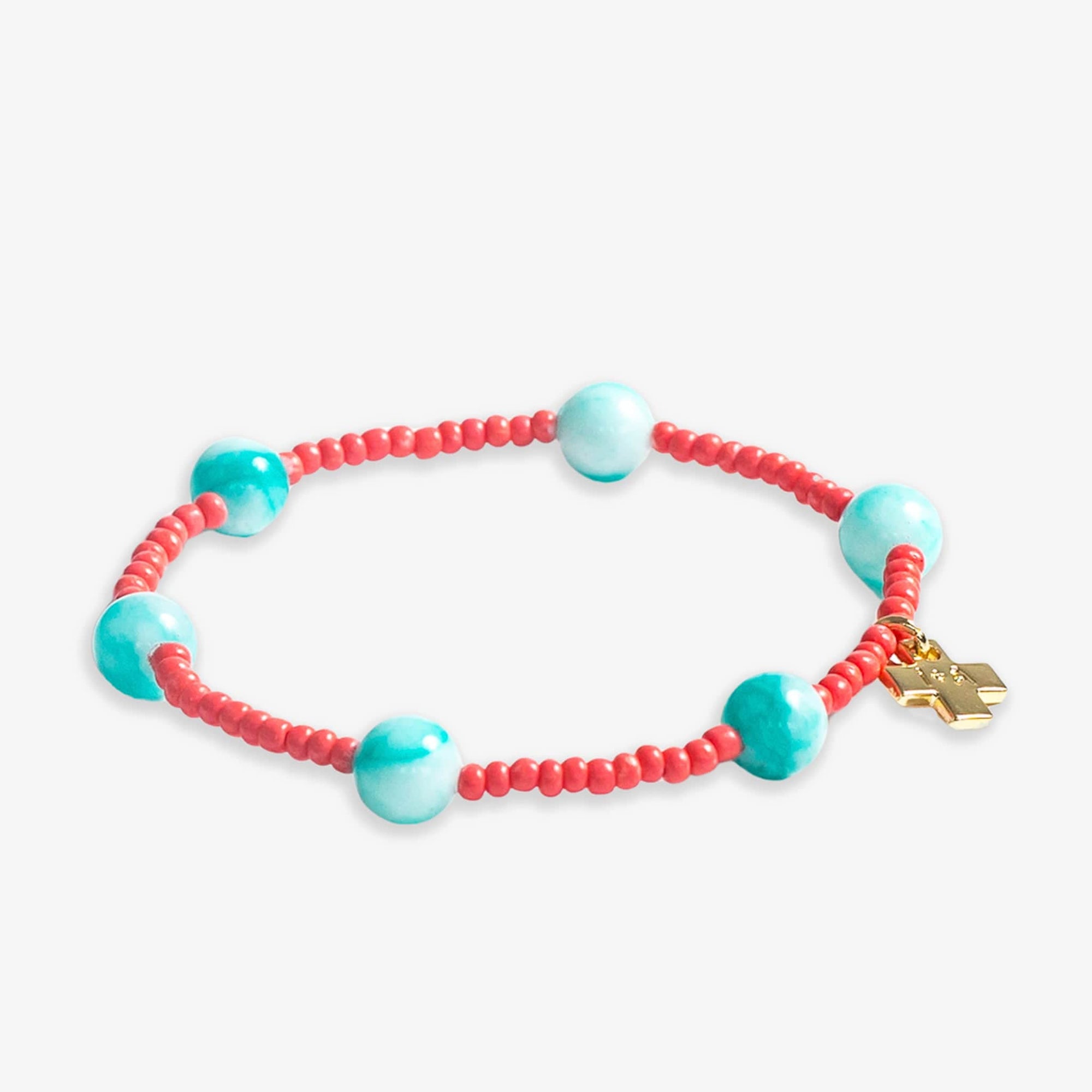 Mia Small Seed Bead With Round Stones Stretch Bracelet Coral/Turquoise Wholesale