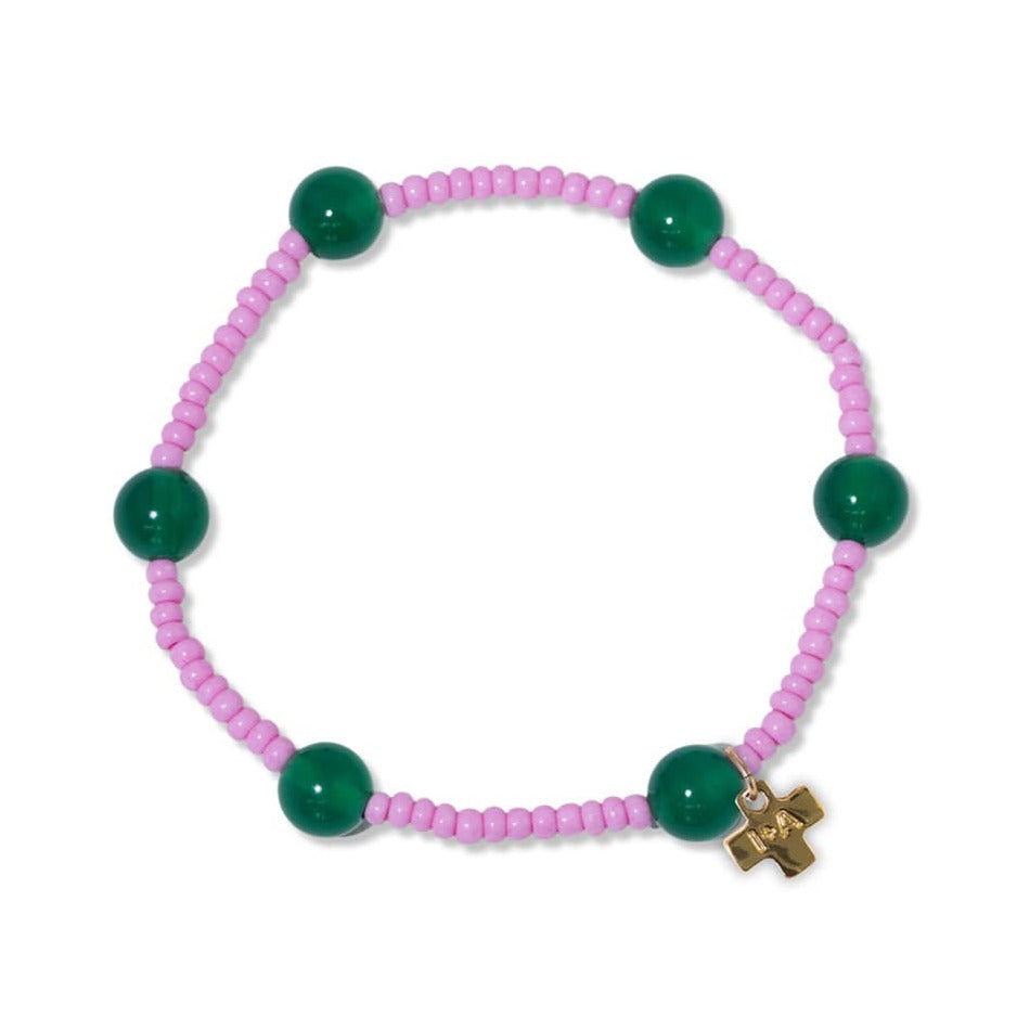 Mia Small Seed Bead With Round Stones Stretch Bracelet Pink/Emerald Wholesale