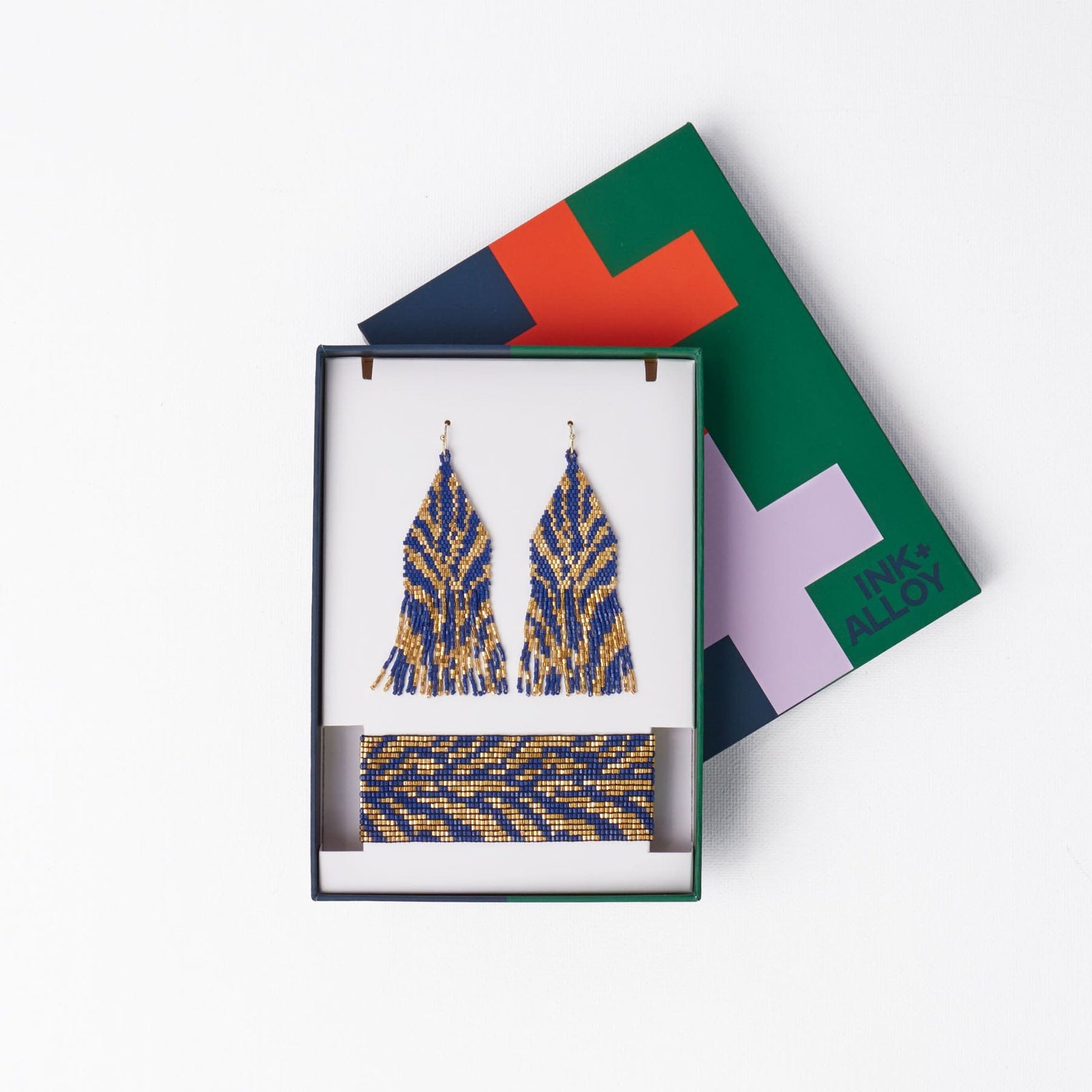 Delilah + Brooklyn Beaded Earrings and Bracelet Set Tiger Print Navy Wholesale