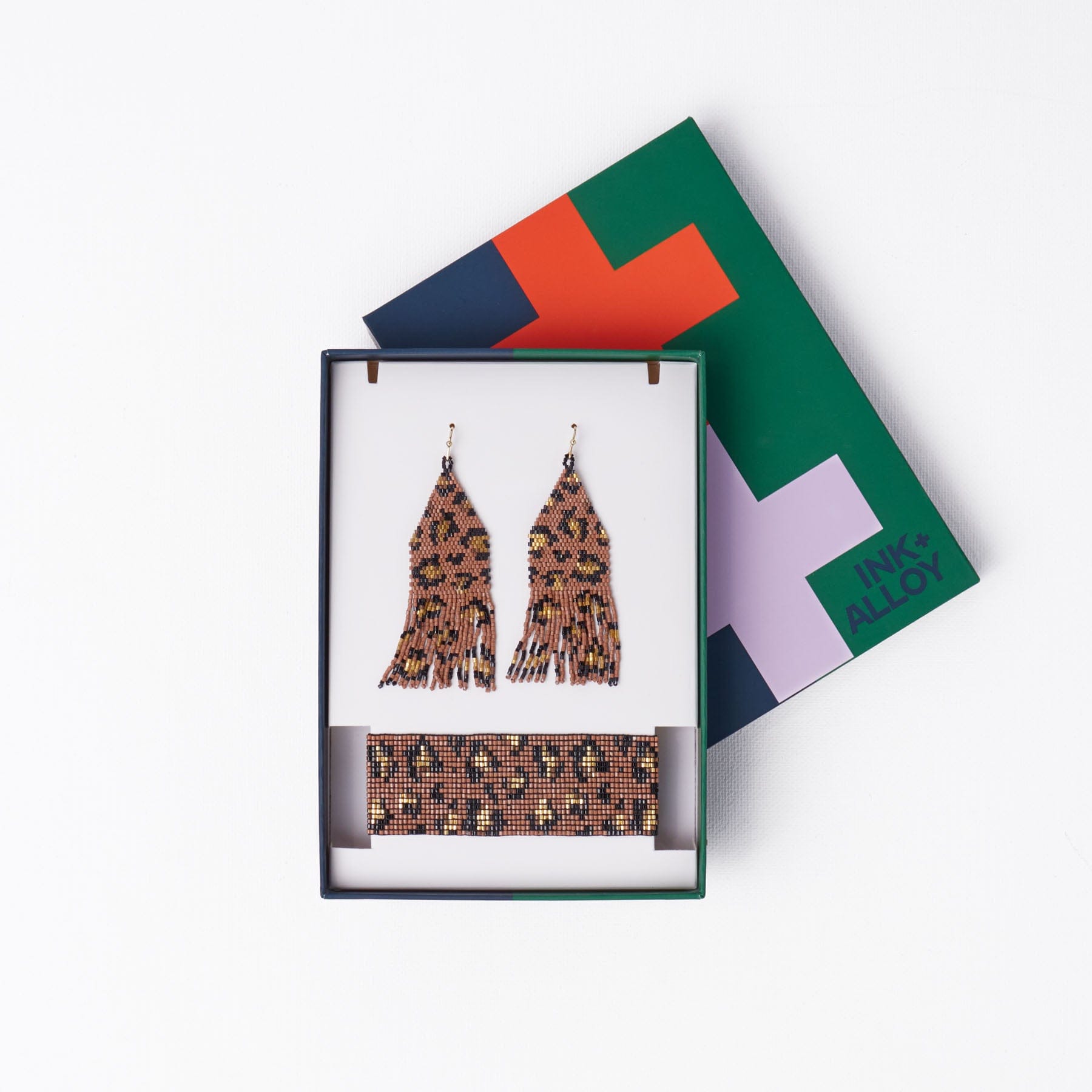 Delilah + Brooklyn Beaded Earrings and Bracelet Set Cheetah Print Mocha Wholesale