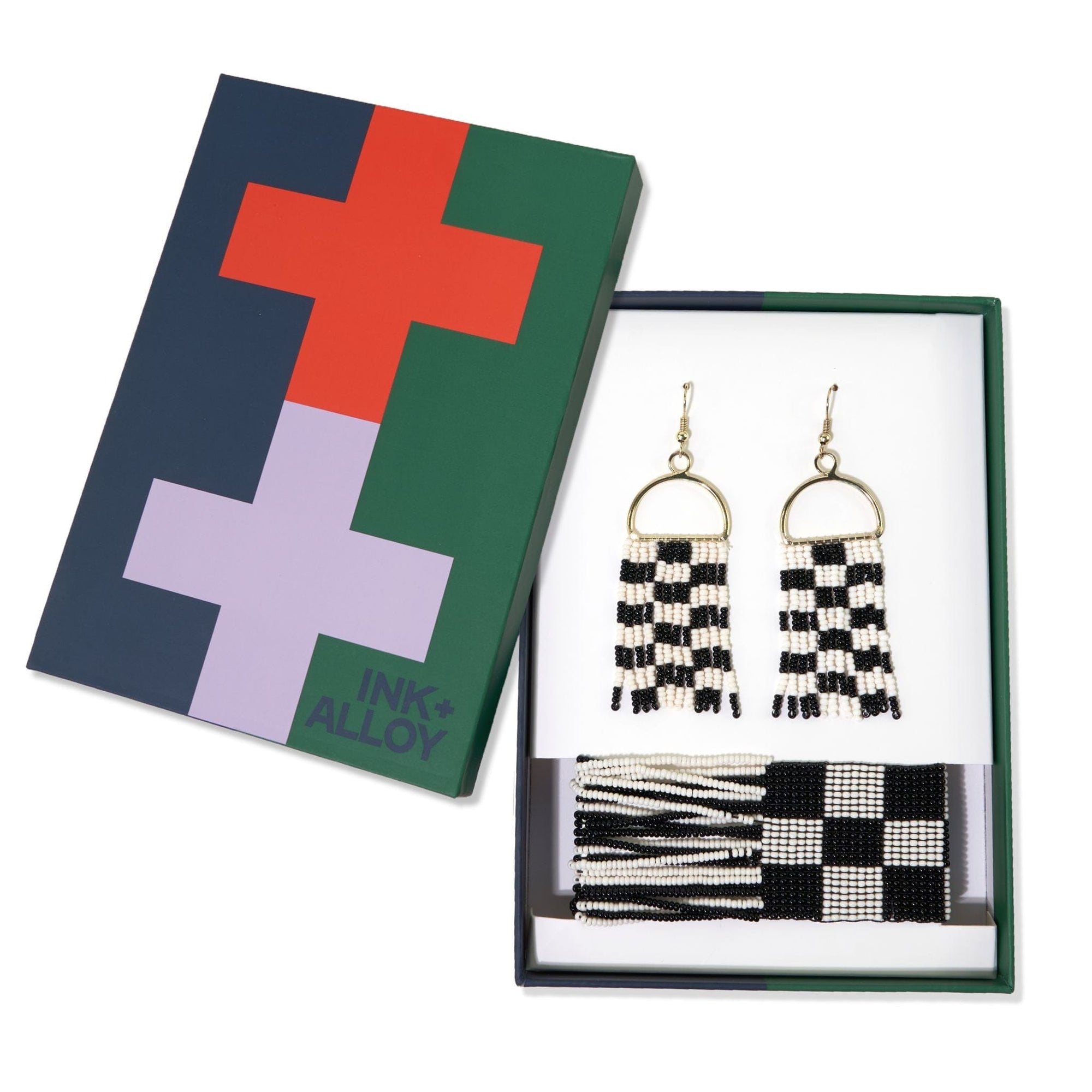 Allison + Olive checkered beaded earrings and bracelet set Black/White
