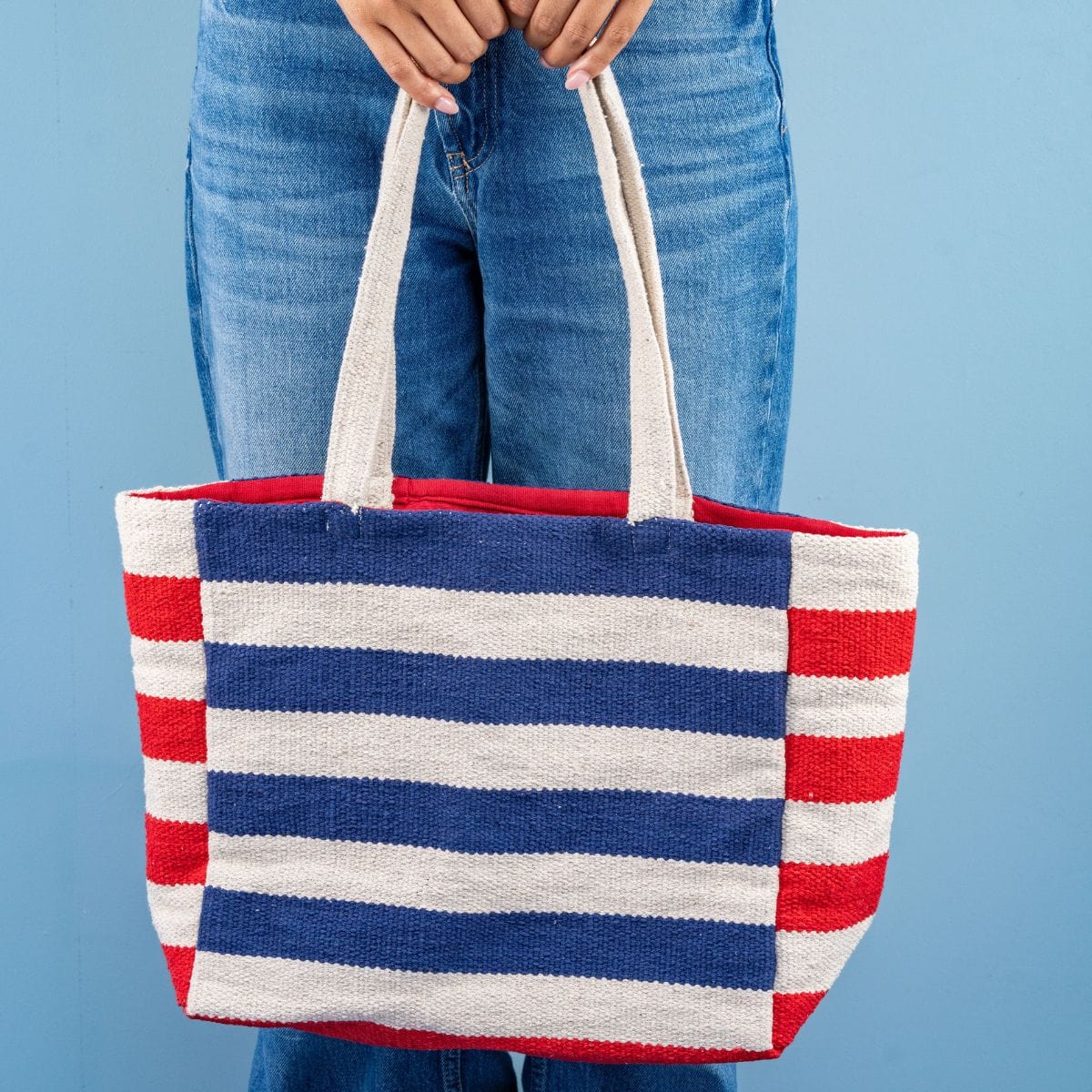 Romy Horizontal Striped Dhurrie Tote Royal Blue/Red Wholesale