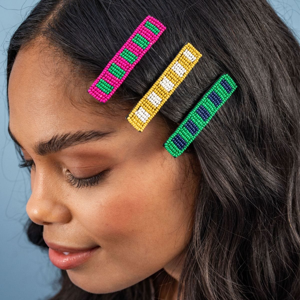 Anna Two-Tone Striped Beaded 2 Pack Hair Clips Kelly Green Wholesale