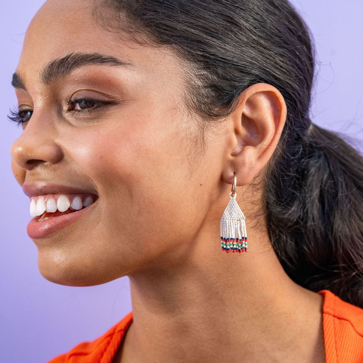 Leta Mini Gold Hoop Solid With Multi-Stripe Bottom Beaded Fringe Earrings St. Tropez Wholesale