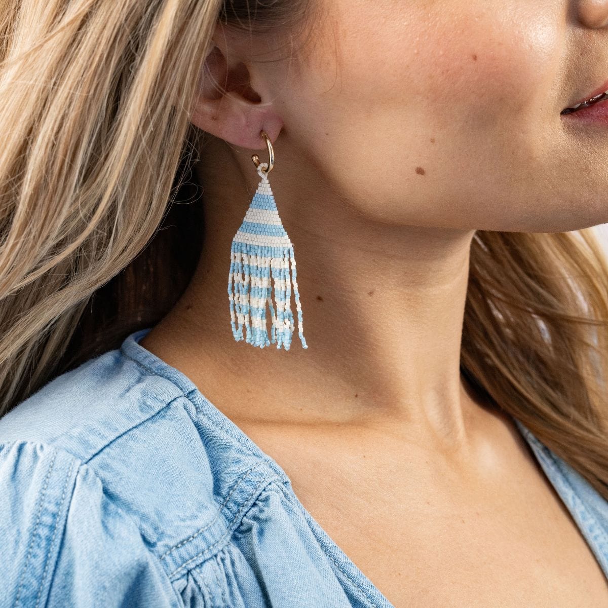 James Mini Gold Hoop Two Tone Stripes Beaded Fringe Earrings Light Blue Wholesale