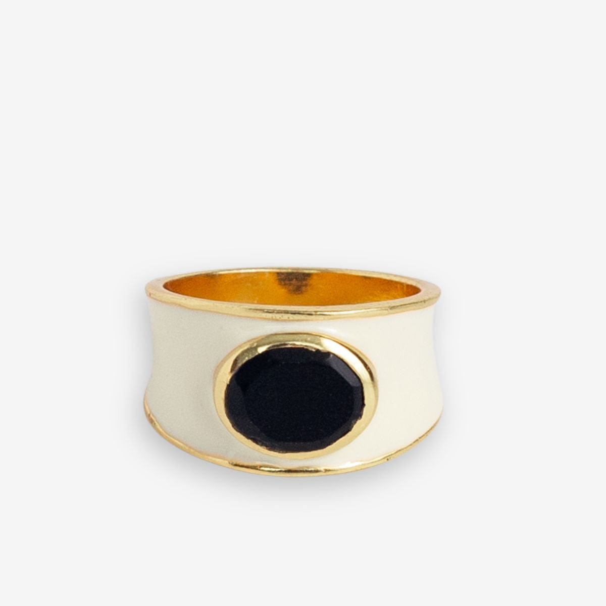 Hazel Oval Stone With Enamel Band Ring Ivory/Black Wholesale- Size 7