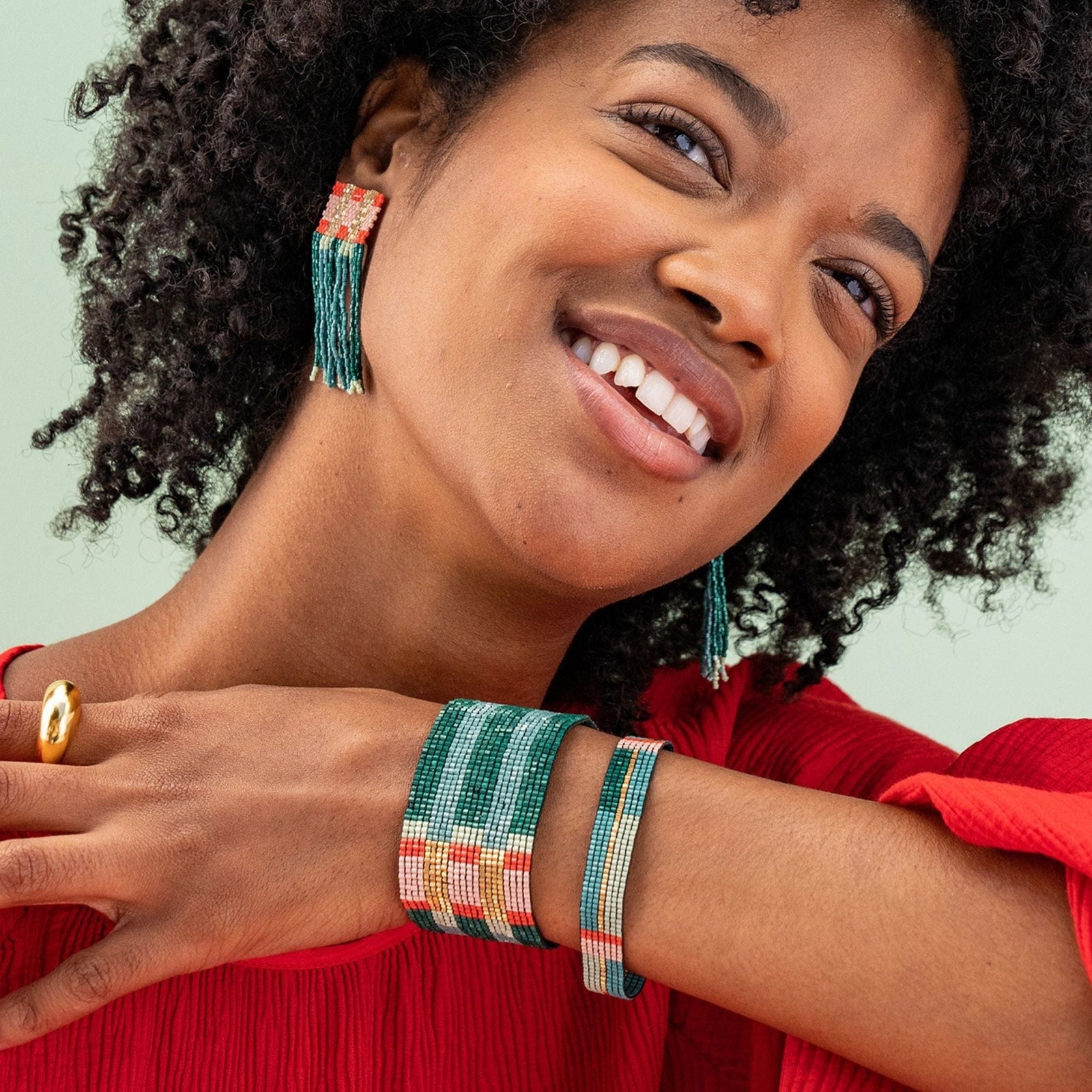 Alex Horizontal Colorblock Beaded Stretch Bracelet Modern Teal and Poppy Wholesale