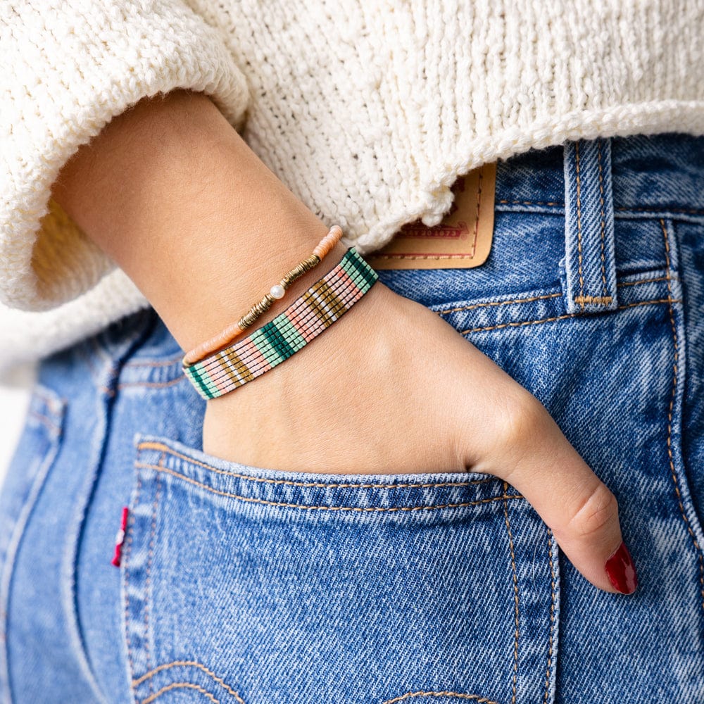 Alex Vertical Stripes Beaded Stretch Bracelet Green Blush