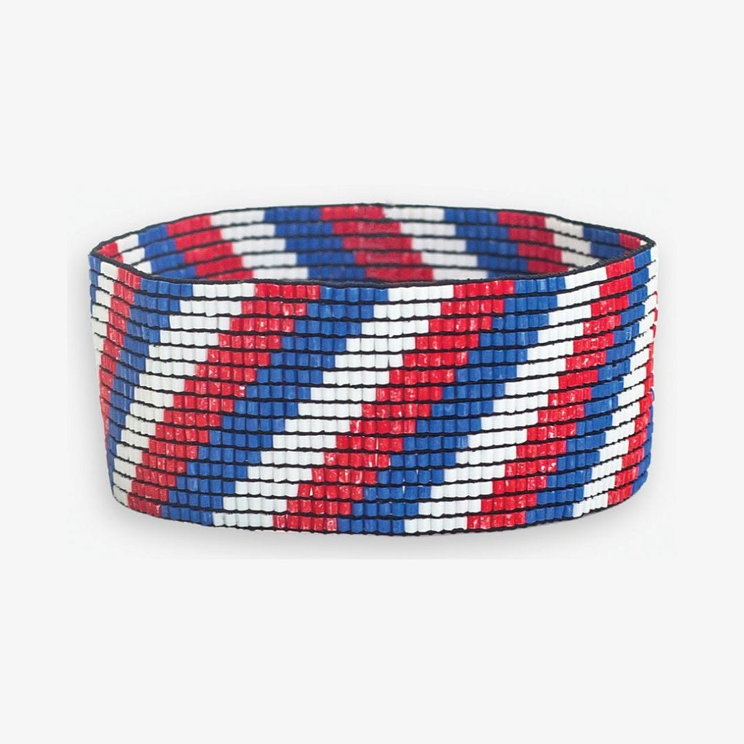 Kenzie Game Day Diagonal Stripes Beaded Stretch Bracelet Red red White and Blue Wholesale