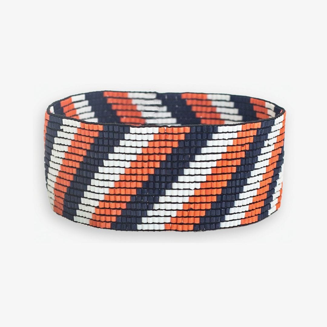 Kenzie Game Day Diagonal Stripes Beaded Stretch Bracelet Navy and Orange Wholesale