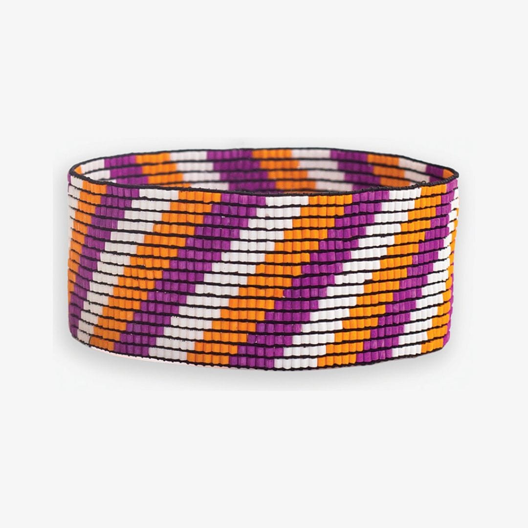 Kenzie Game Day Diagonal Stripes Beaded Stretch Bracelet Purple and Orange Wholesale