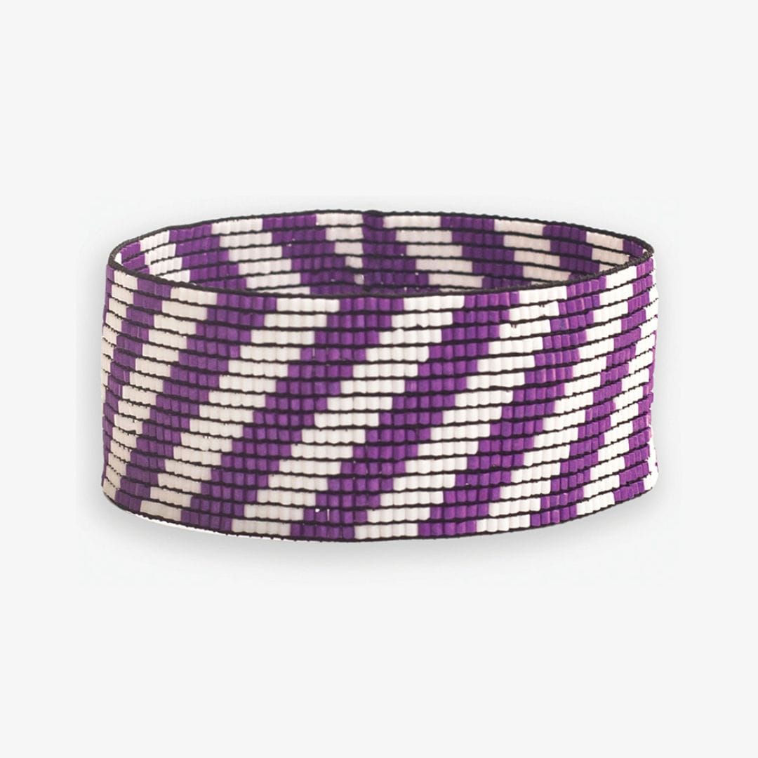 Kenzie Game Day Diagonal Stripes Beaded Stretch Bracelet Purple and White Wholesale