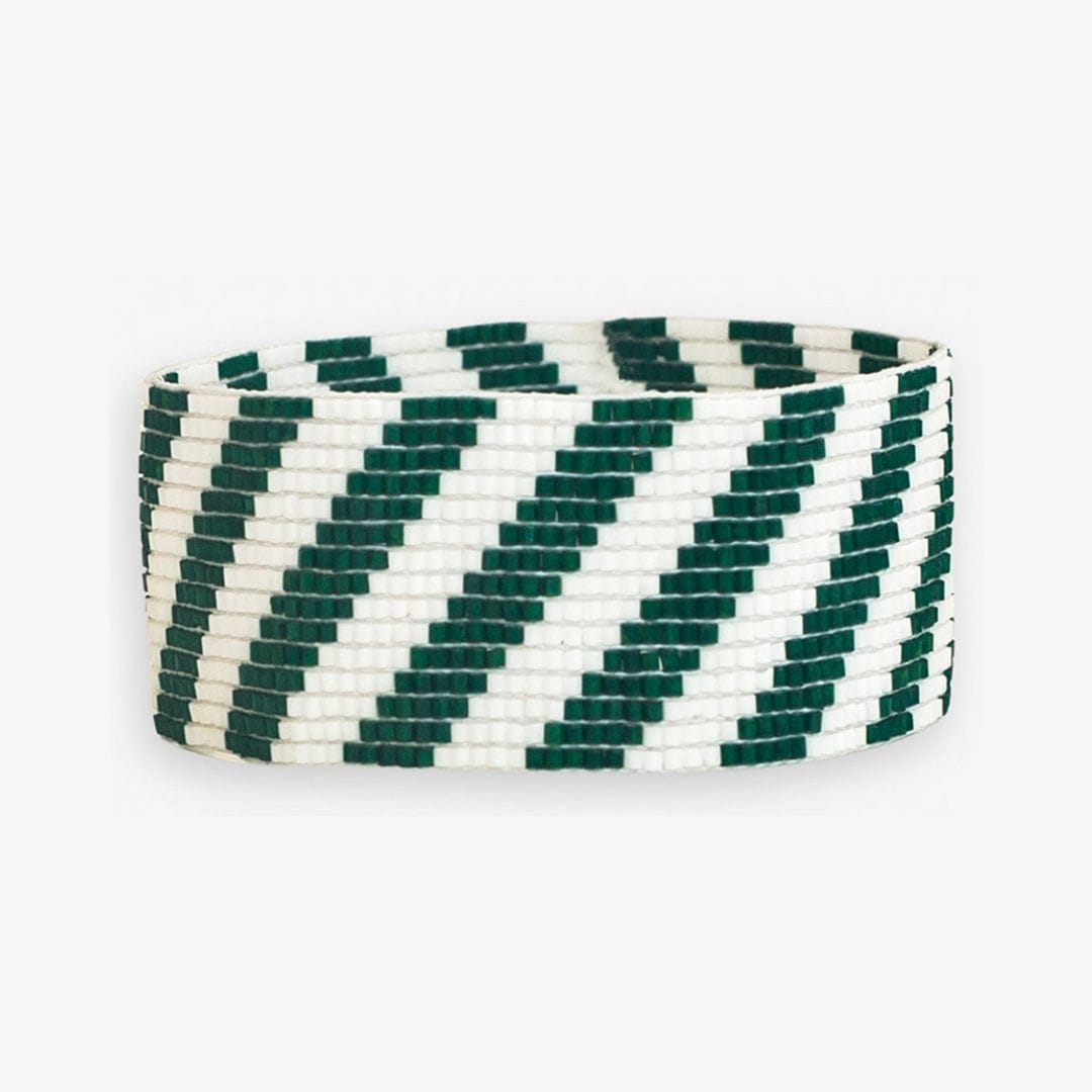 Kenzie Game Day Diagonal Stripes Beaded Stretch Bracelet Dark Green and White Wholesale