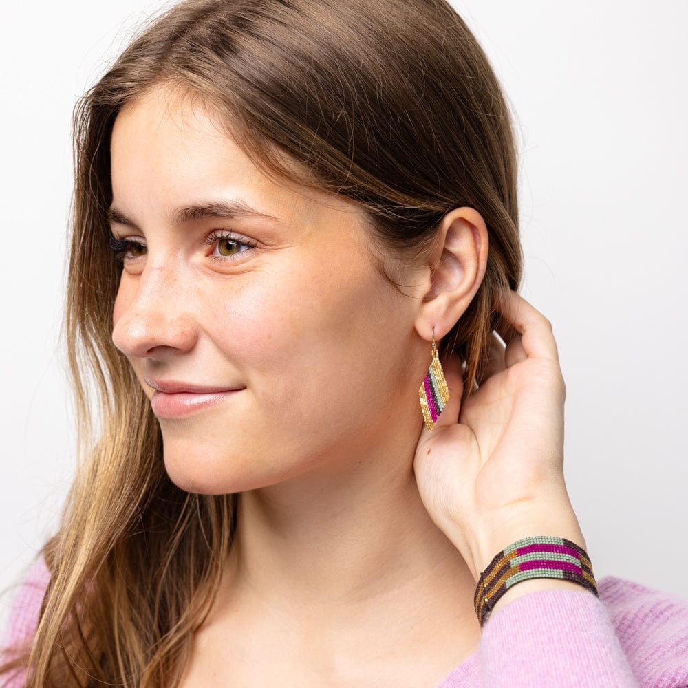 Zelda Diagonal Stripes Beaded Diamond Drop Earrings Magenta and Gold Wholesale