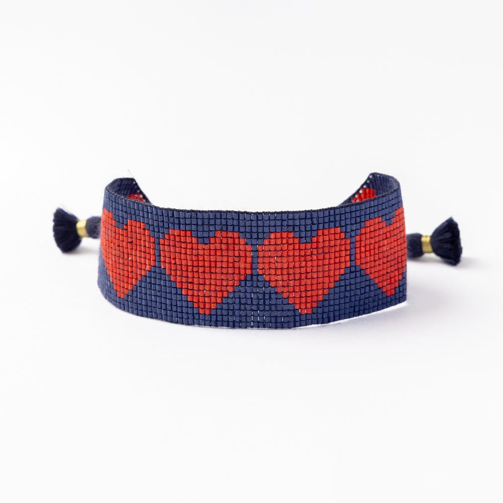 Erin Red Hearts Adustable Beaded Bracelet Navy