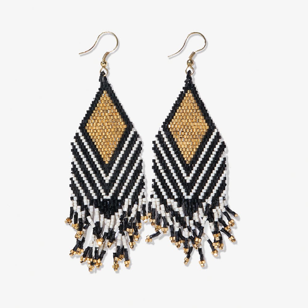 Dottie Diamond Angle Beaded Fringe Earrings Black Wholesale