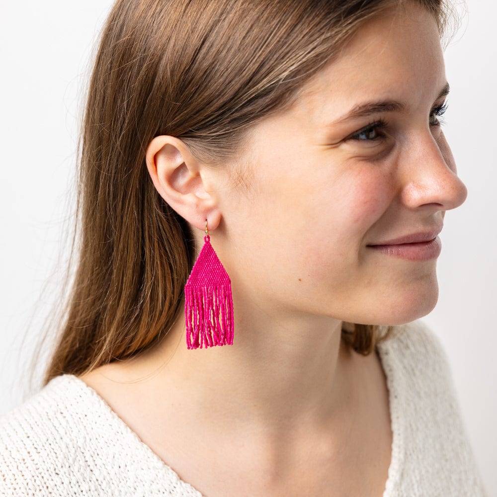 Lexie Solid Beaded Fringe Earrings Hot Pink Wholesale
