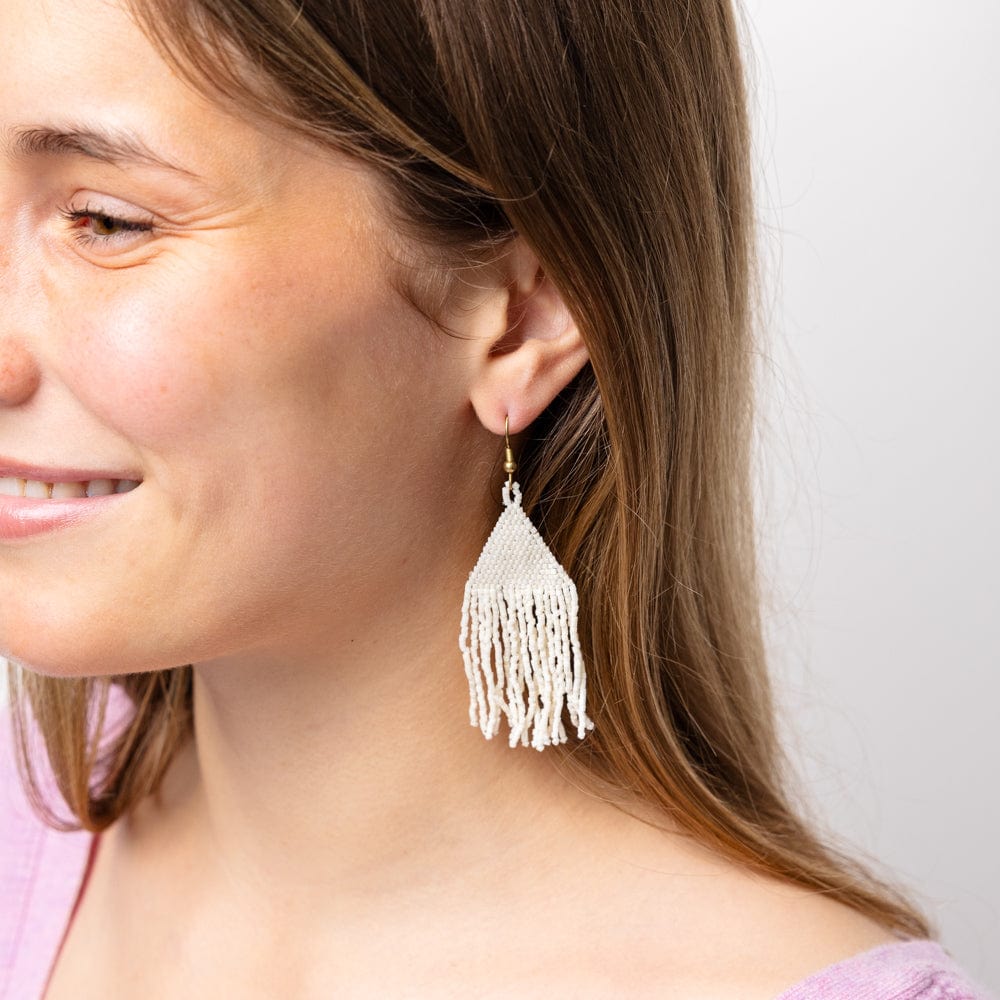 Lexie Solid Beaded Fringe Earrings Cream Wholesale