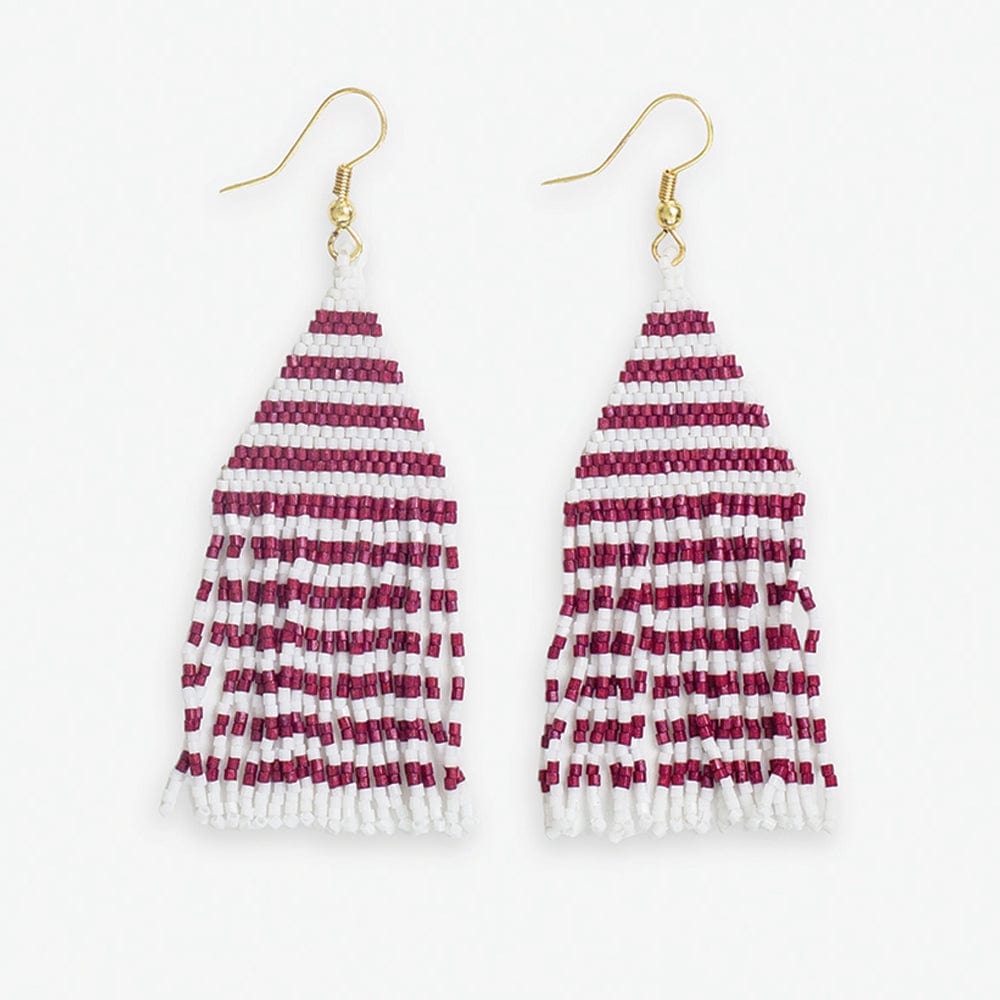 Lexie Game Day Horizontal Stripes Beaded Fringe Earrings Dark Red and White Wholesale