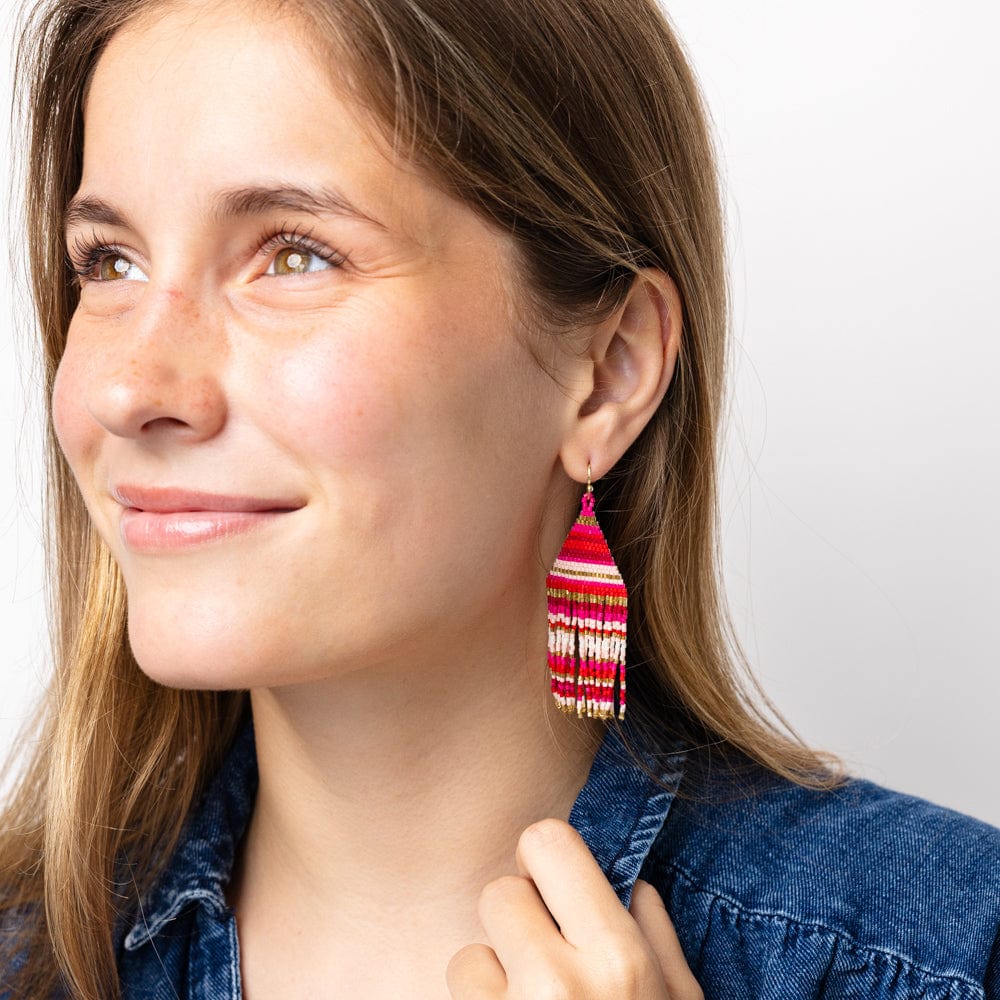 Lexie Horizontal Stripes Beaded Fringe Earrings Mixed Hot Pink Wholesale