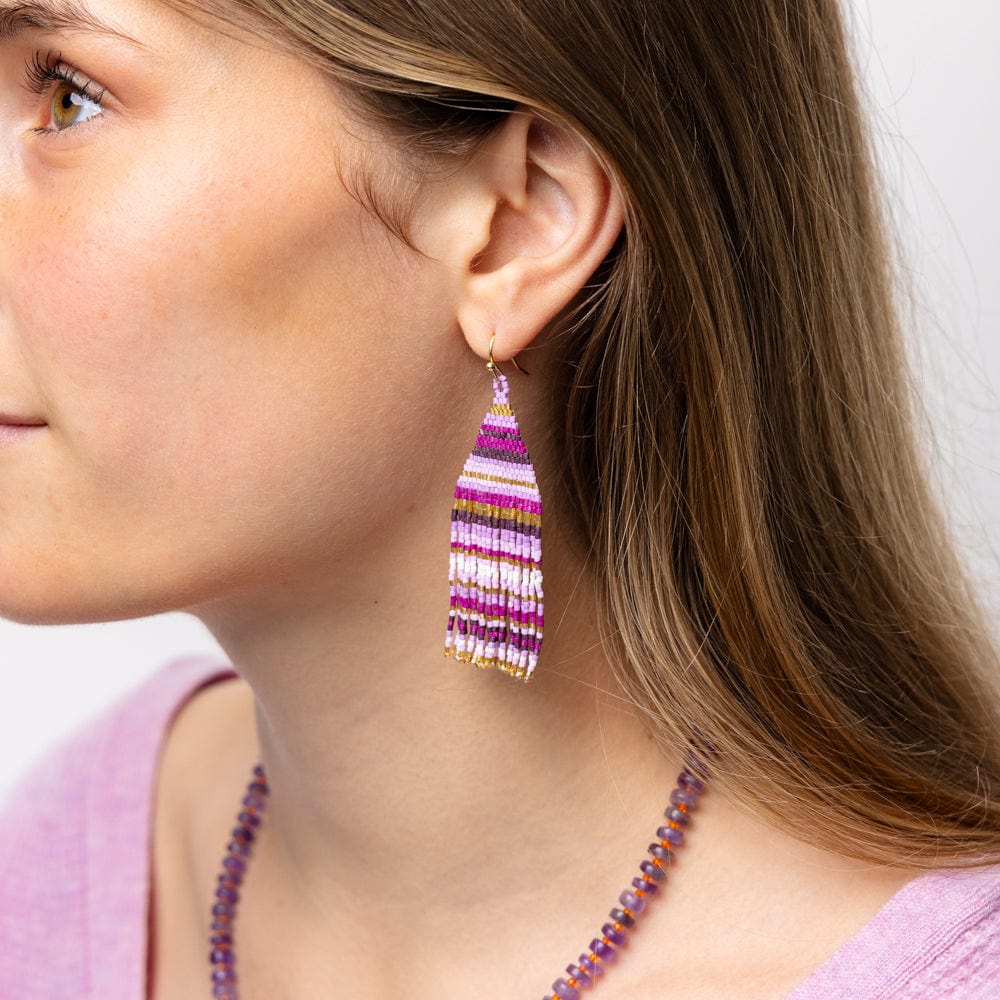 Lexie Horizontal Stripes Beaded Fringe Earrings Purple Wholesale