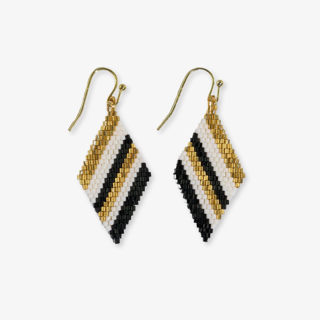 Zelda Diagonal Stripes Beaded Diamond Drop Earrings Black Wholesale