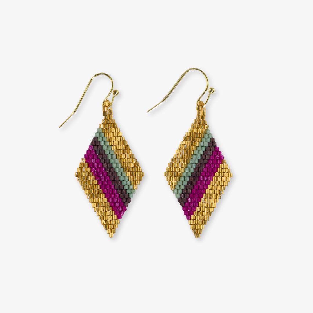 Zelda Diagonal Stripes Beaded Diamond Drop Earrings Magenta and Gold Wholesale