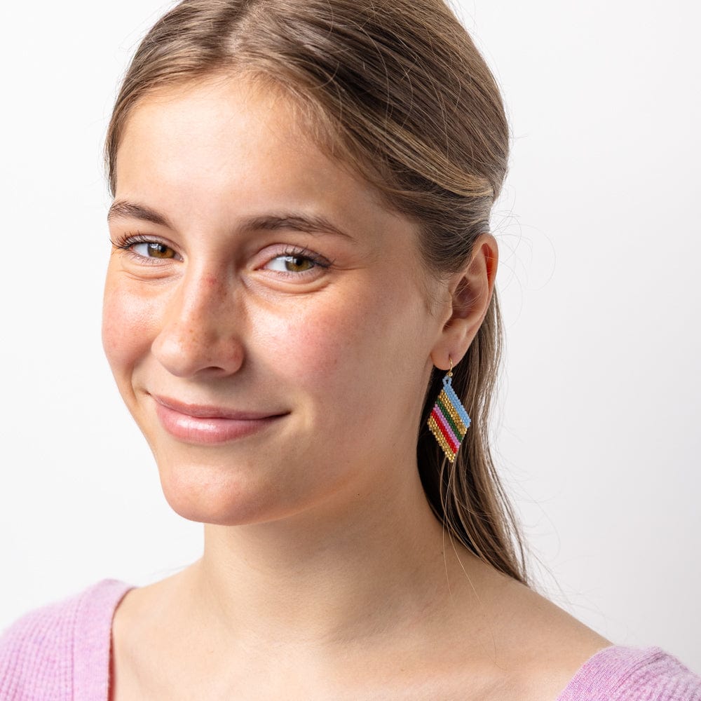 Zelda Diagonal Stripes Beaded Diamond Drop Earrings Pink and Light Blue Wholesale