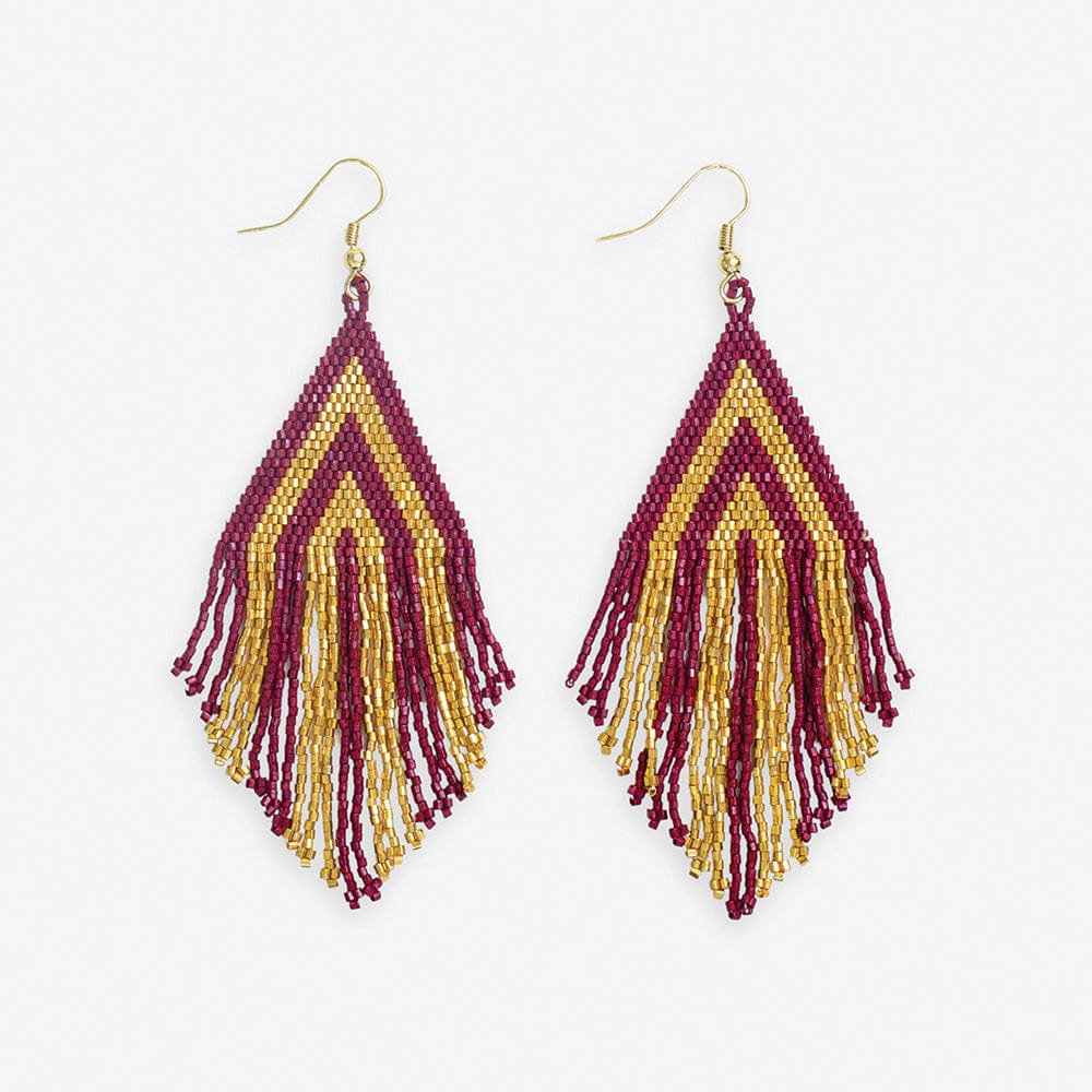 Haley Game Day Stacked Triangle Beaded Fringe Earrings Dark Red and Gold Wholesale
