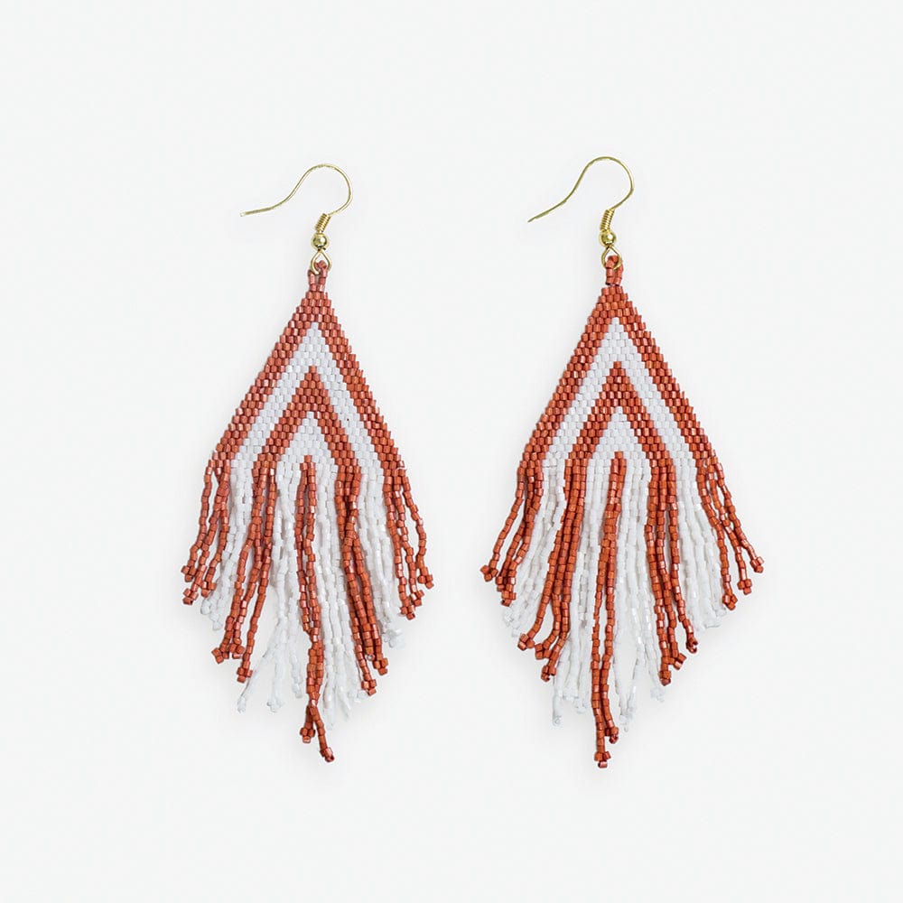 Haley Game Day Stacked Triangle Beaded Fringe Earrings Burnt Orange and White Wholesale