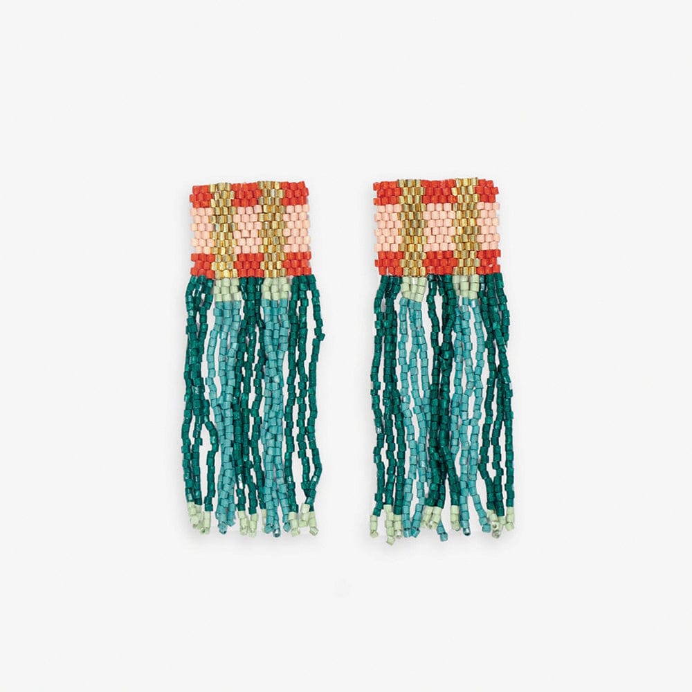 Ava Crossing Colorblock Beaded Fringe Earrings Teal and Poppy Wholesale