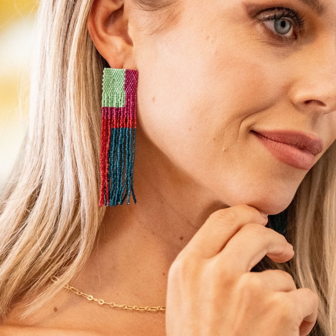 Belle Geo Shapes Beaded Fringe Earrings Mint Multicolor Wholesale