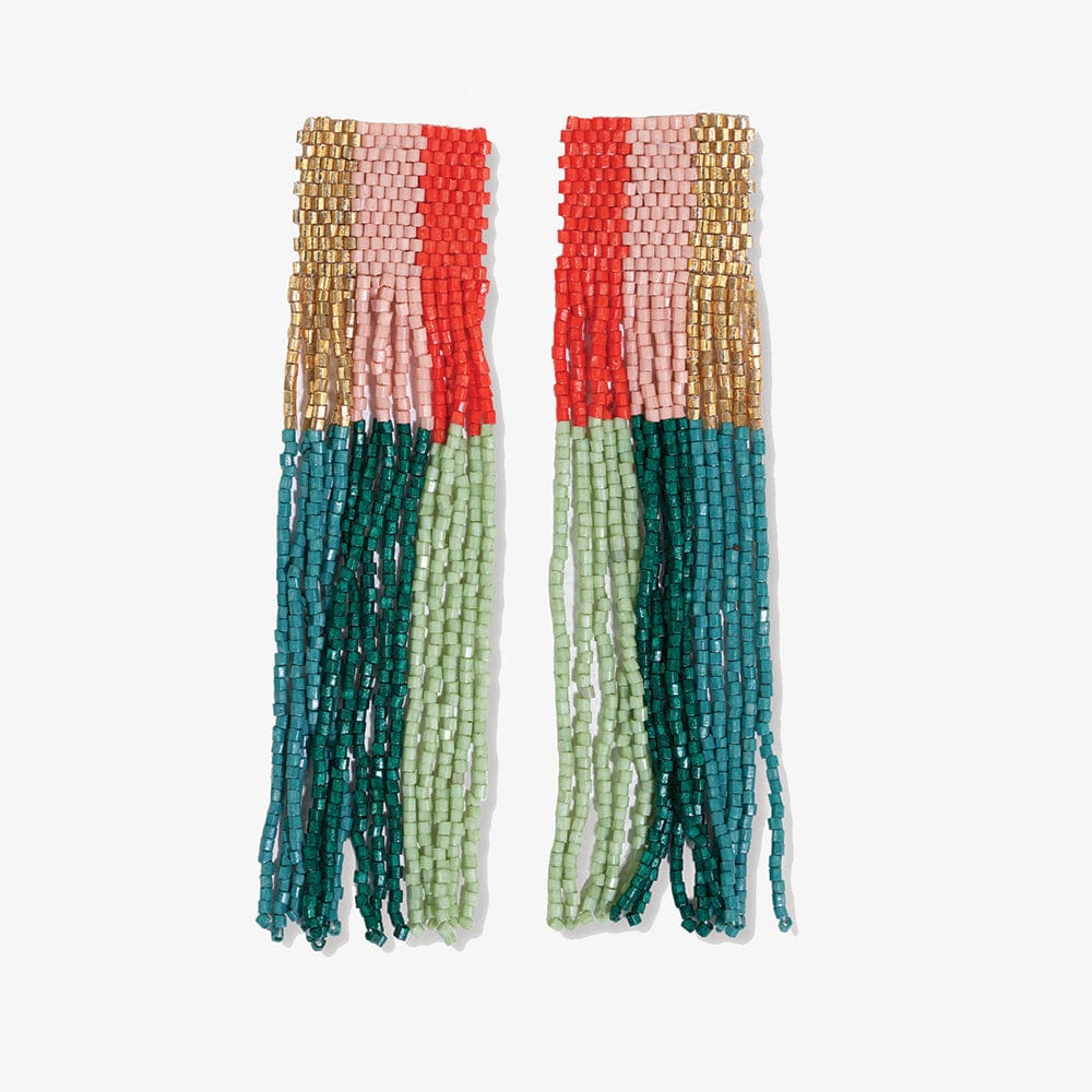 Belle Woven Top Vertical Colorblock Beaded Fringe Earrings Teal and Poppy Wholesale