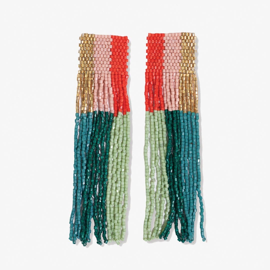 Belle Woven Top Vertical Colorblock Beaded Fringe Earrings Teal and Poppy Wholesale