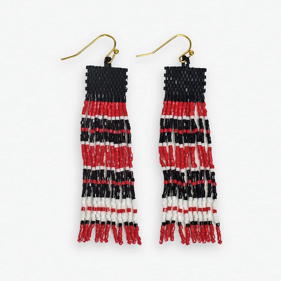 Billie Game Day Mixed Horizontal Stripes Beaded Fringe Earrings Bright Red and Black Wholesale